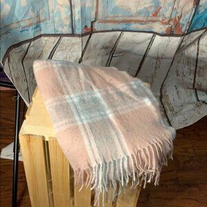 Plaid Pink & Gray Fringed Shawl Scarf Blanket Wrap